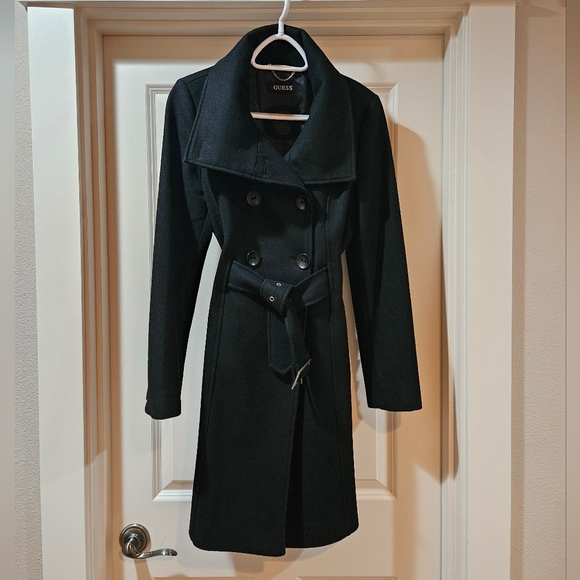 Guess Jackets & Blazers - Guess Double Breast Wool Blend Coat Heavyweight Funnel Neck Belt Siz 6 Black EUC